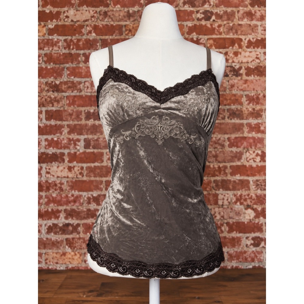 VTG Y2K OZOC Brown Velvet Lace Camisole Tank Top Fall Fairy Grunge Whimsigoth
